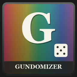 Gundomizer logo with a rainbow dice button